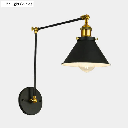 Vintage Cone Metal Wall Sconce With Swing Arm - 1 Bulb Restaurant Lighting Fixture In Black