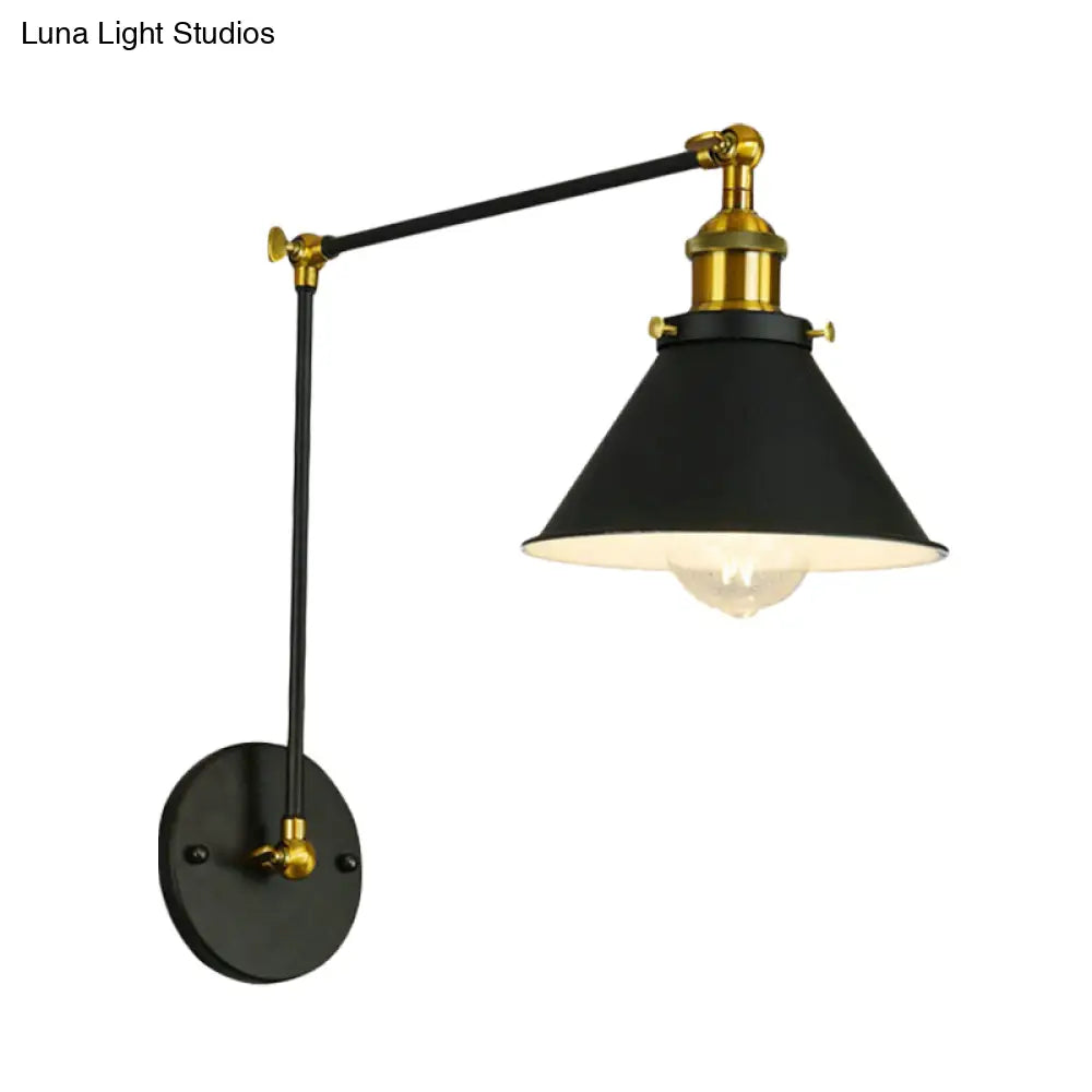 Vintage Cone Metal Wall Sconce With Swing Arm - 1 Bulb Restaurant Lighting Fixture In Black