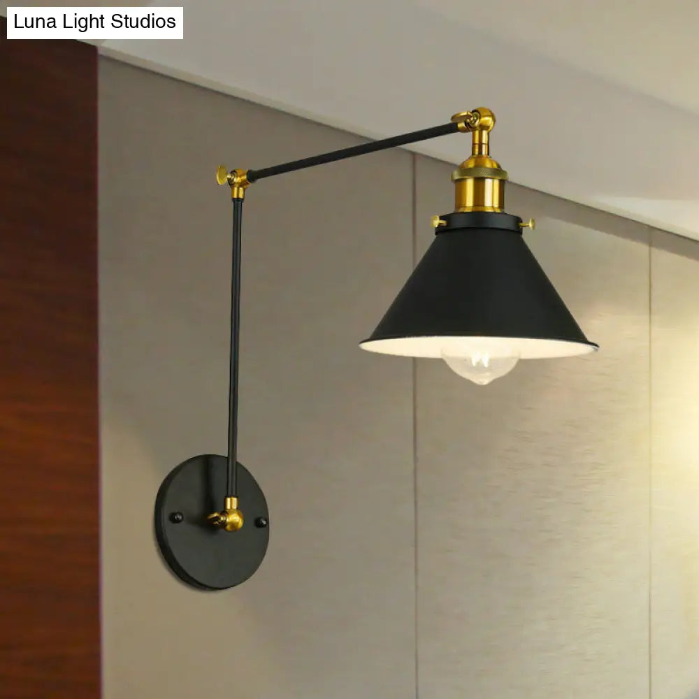 Vintage Cone Metal Wall Sconce With Swing Arm - 1 Bulb Restaurant Lighting Fixture In Black
