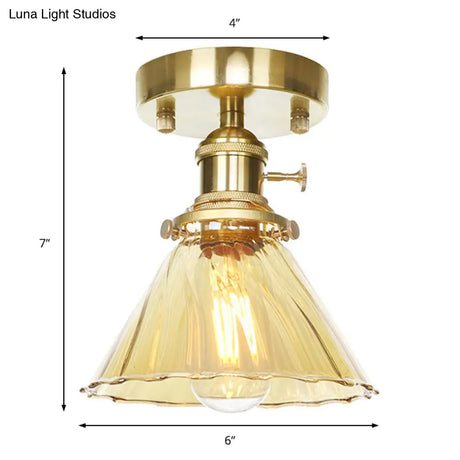 Vintage Cone Ruffle Glass Light Fixture With Clear/Amber Shade For Living Room