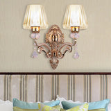 Vintage Cone Wall Lamp - Metal 2-Light Brass Sconce With Clear Glass Shade And Crystal Accent / B