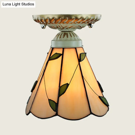 Vintage Conic Stained Glass Ceiling Light In Blue/Beige For Hallway