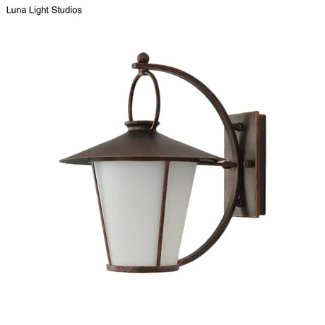 Vintage Conical Opal Glass Wall Mount Light - 1-Head Courtyard Lighting With Arc Arm Black/Brass