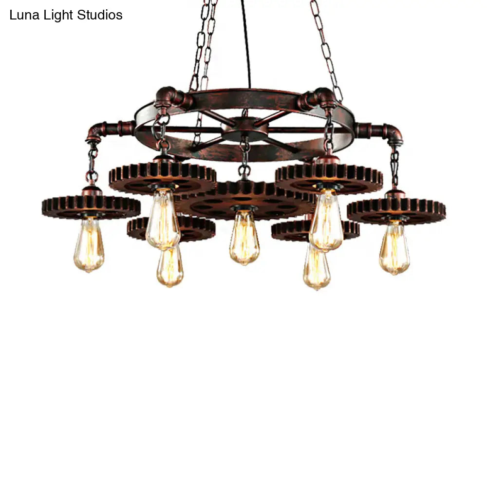 Antique Copper 7-Light Chandelier: Retro Industrial Metal Gear Pendant Lamp