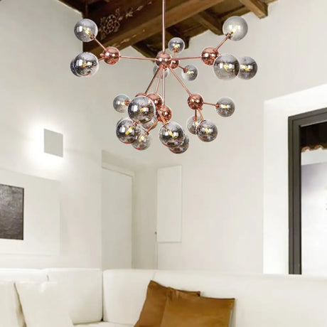 Vintage Copper Chandelier With Clear/Amber Glass Orb Shades - 3/9/12 Lights Branch Design