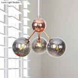 Vintage Copper Chandelier With Clear/Amber Glass Orb Shades - 3/9/12 Lights Branch Design
