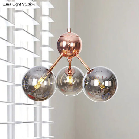 Vintage Copper Chandelier With Clear/Amber Glass Orb Shades - 3/9/12 Lights Branch Design