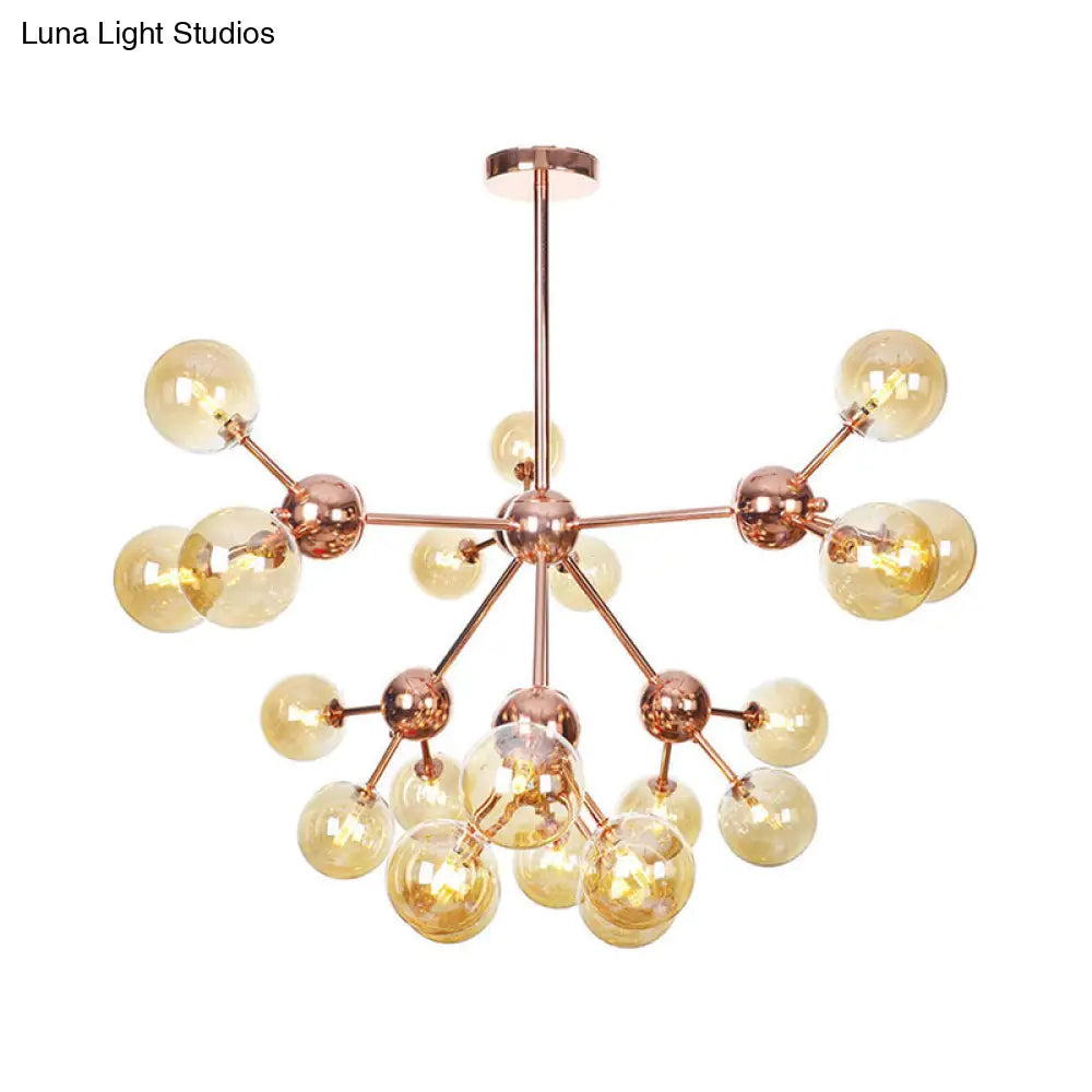 Vintage Copper Chandelier With Clear/Amber Glass Orb Shades - 3/9/12 Lights Branch Design
