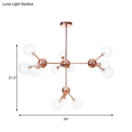 Vintage Copper Chandelier With Clear/Amber Glass Orb Shades - 3/9/12 Lights Branch Design