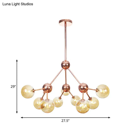 Vintage Copper Chandelier With Clear/Amber Glass Orb Shades - 3/9/12 Lights Branch Design