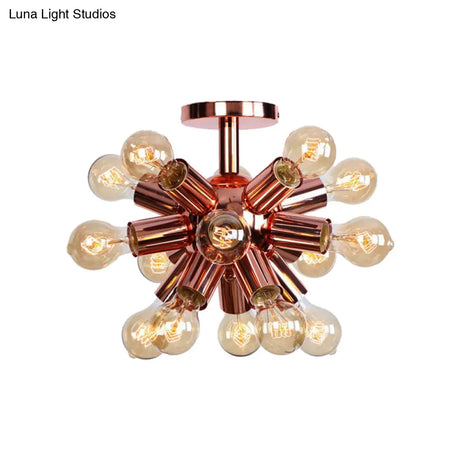 Vintage Copper Starburst Ceiling Light With Bare Bulb - Ideal For Restaurants (6/9 Heads)