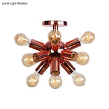 Vintage Copper Starburst Ceiling Light With Bare Bulb - Ideal For Restaurants (6/9 Heads)