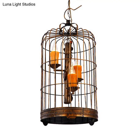Vintage Countryside Chandelier Lamp With Amber Drop Pendant And Resin Bird Cage