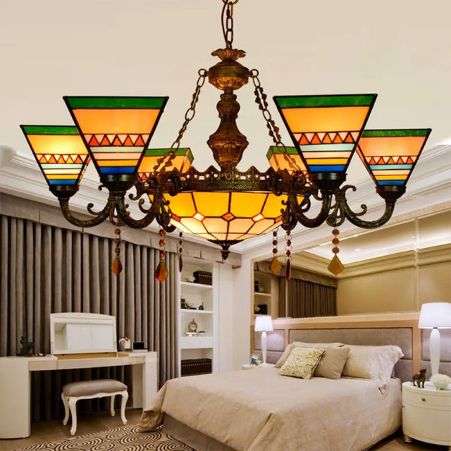 Vintage Craftsman Chandelier With Agate Stained Glass And Tiffany Style In Orange-Green For Living