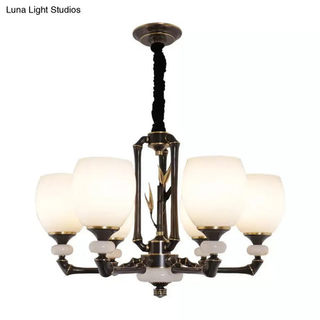 Vintage Cream Glass 6-Head Black Bell Suspension Chandelier For Dining Room