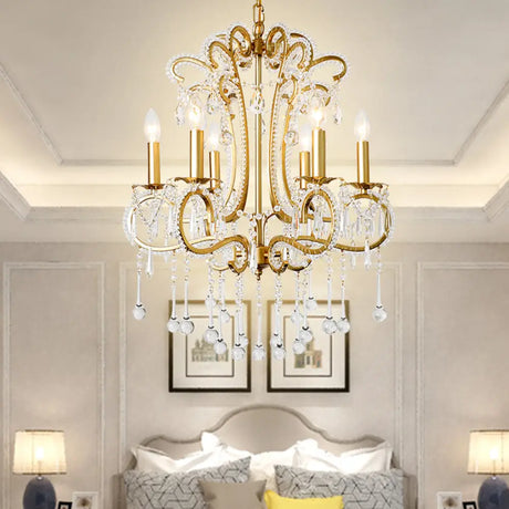 Vintage Crystal and Metal 6-Light Pendant for Bedroom with Gold Finish Gold