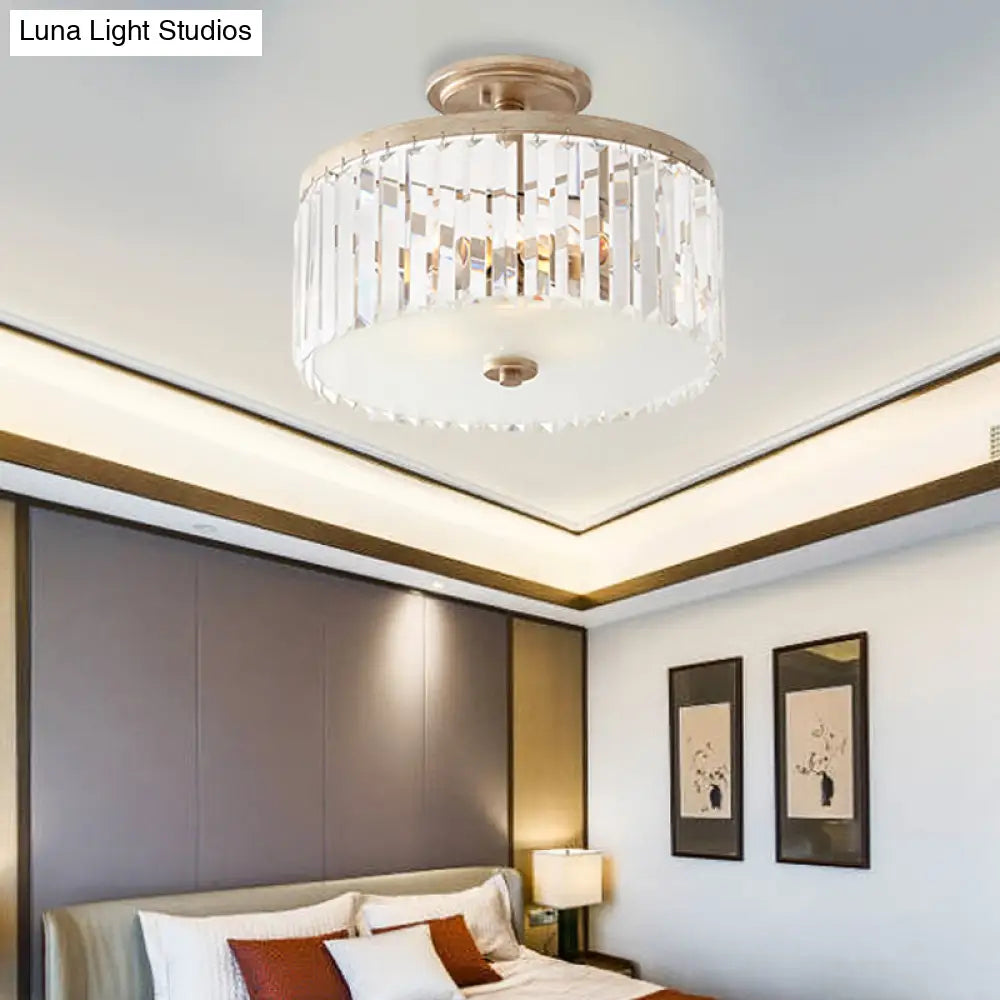 Vintage Crystal Block Ceiling Light With Clear Design - 3 Lights Semi Flush Mount For Bedroom Drum