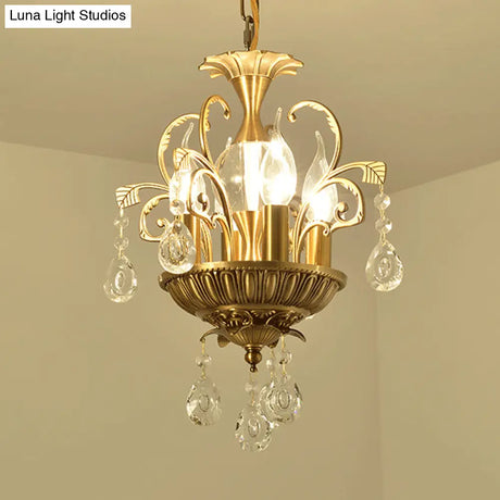 Vintage Crystal Chandelier Light Fixture With Swirl Arm - Brass 4 Heads For Corridors