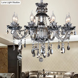 Vintage Crystal & Glass 6/8-Light Candle Chandelier Pendant In Smoke Grey
