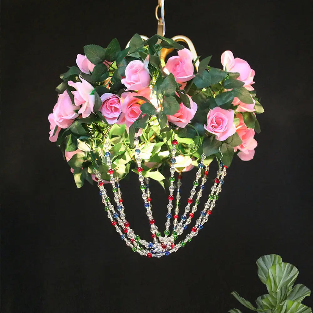 Vintage Crystal Pendant Ceiling Lamp - Green/Pink Beaded With Flower Decoration Ideal For