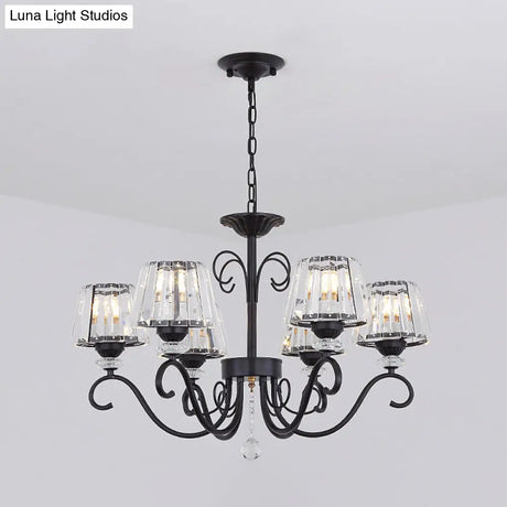 Vintage Crystal Prisms Chandelier With Conic Black Suspension Lighting - 3/6/8 Heads & Scroll Arm