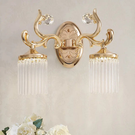 Vintage Crystal Wall Light With Gold Curved Arm & 1/2 Bulbs For Clear Pipe Lighting 2 /