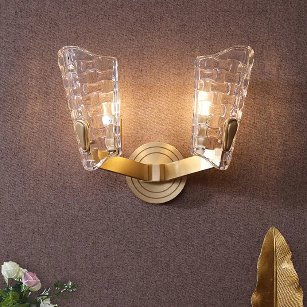 Vintage Curved Glass Wall Lamp With 1/2 Heads For Living Room Sconce Light 2 / Clear