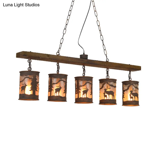 Vintage Cylinder Island Chandelier With Metal And Fabric Shade - 3/5/6 Lights Rustic Hanging Lamp