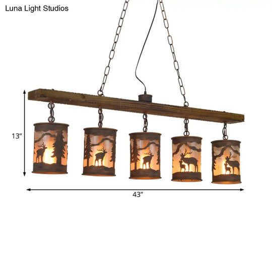 Vintage Cylinder Island Chandelier With Metal And Fabric Shade - 3/5/6 Lights Rustic Hanging Lamp