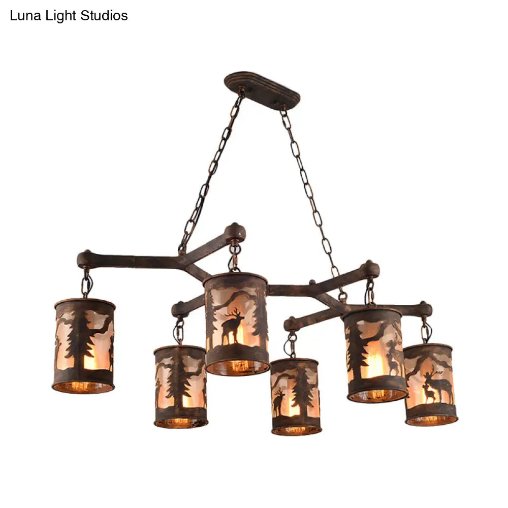 Vintage Cylinder Island Chandelier With Metal And Fabric Shade - 3/5/6 Lights Rustic Hanging Lamp