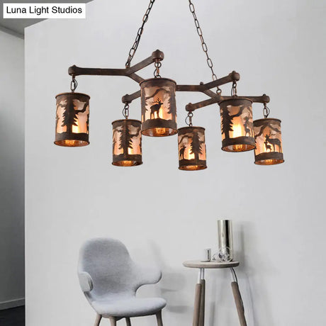 Vintage Cylinder Island Chandelier With Metal And Fabric Shade - 3/5/6 Lights Rustic Hanging Lamp