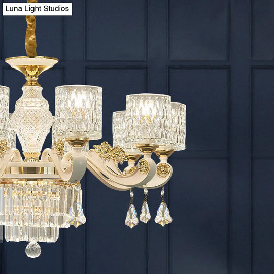 Vintage Cylinder Ripple Glass Chandelier Pendant Light With Crystal Draping In White - Ideal For