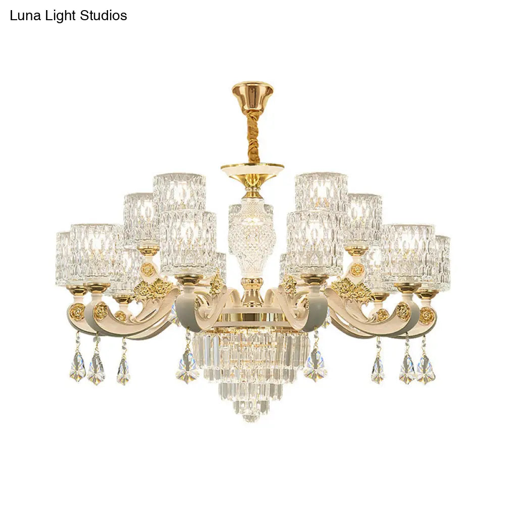 Vintage Cylinder Ripple Glass Chandelier Pendant Light With Crystal Draping In White - Ideal For