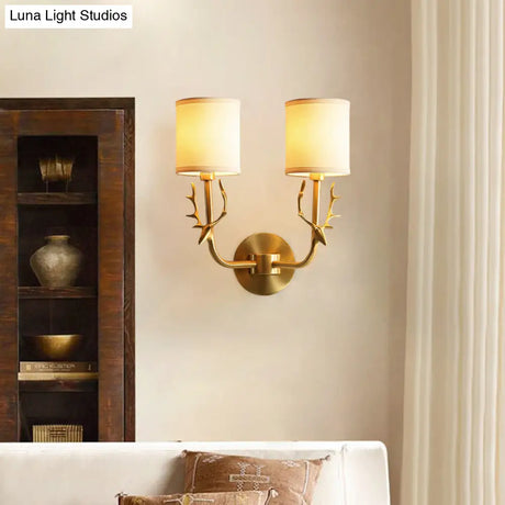 Vintage Cylindrical Fabric Wall Light With Antler Décor - Elegant Corridor Lamp