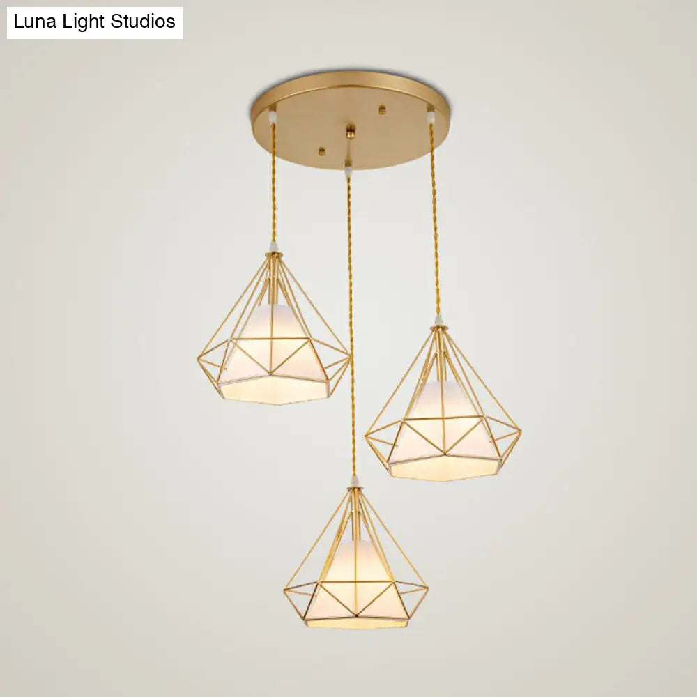Vintage Diamond Cage Iron Suspension Light Fixture With 3 Bulbs - Restaurant Multi Ceiling Lamp