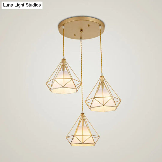 Vintage Diamond Cage Iron Pendant Light With Inner Cone Shade And 3 Bulbs Ideal For Restaurants