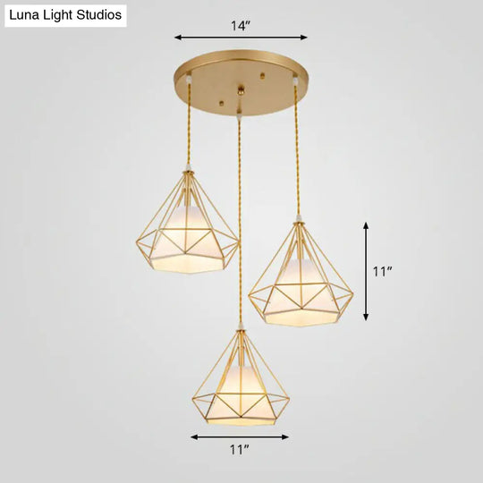 Vintage Diamond Cage Iron Pendant Light With Inner Cone Shade And 3 Bulbs Ideal For Restaurants