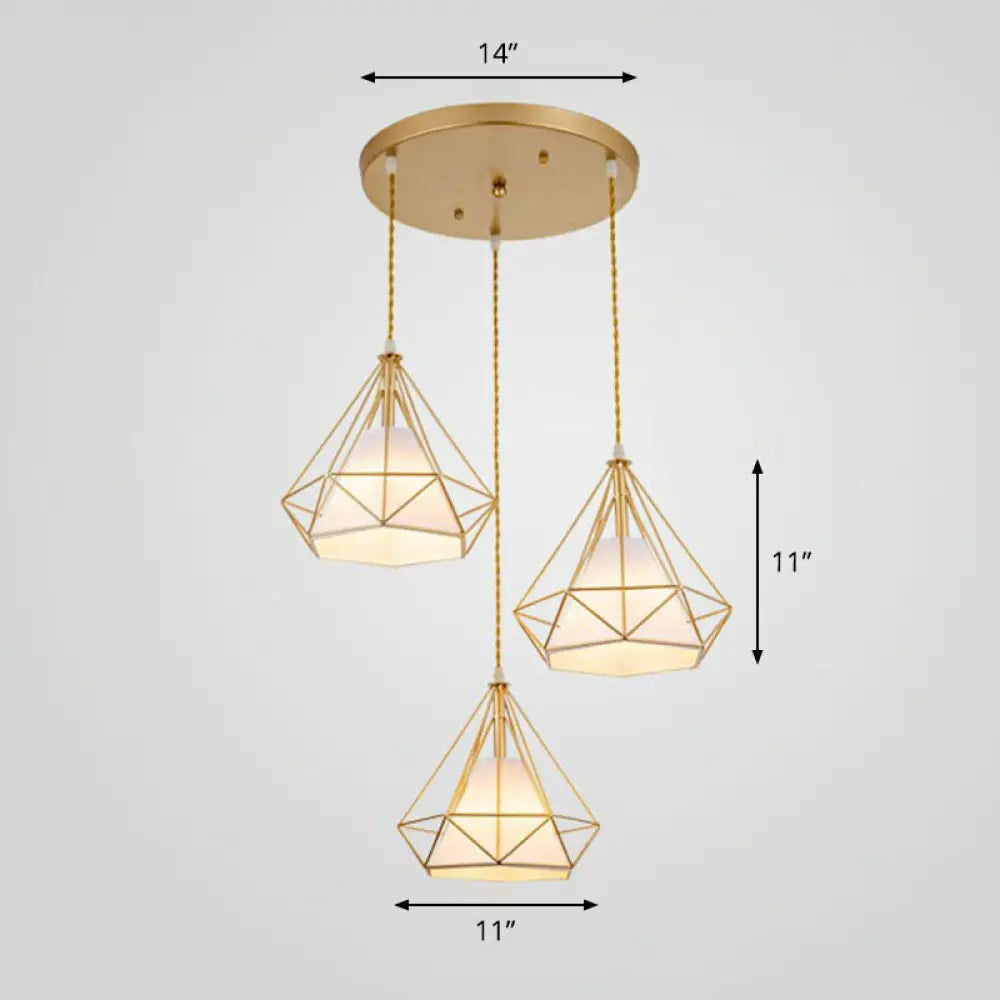 Vintage Diamond Cage Iron Suspension Light Fixture With 3 Bulbs - Restaurant Multi Ceiling Lamp Gold