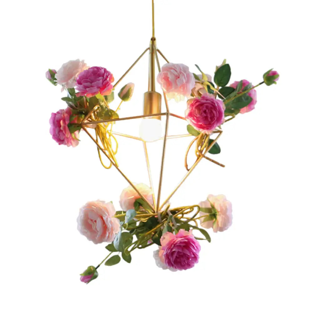Vintage Diamond Cage Pendant Light Kit - 14’/18’ H 1-Light Metal Hanging Lamp In Gold With Faux