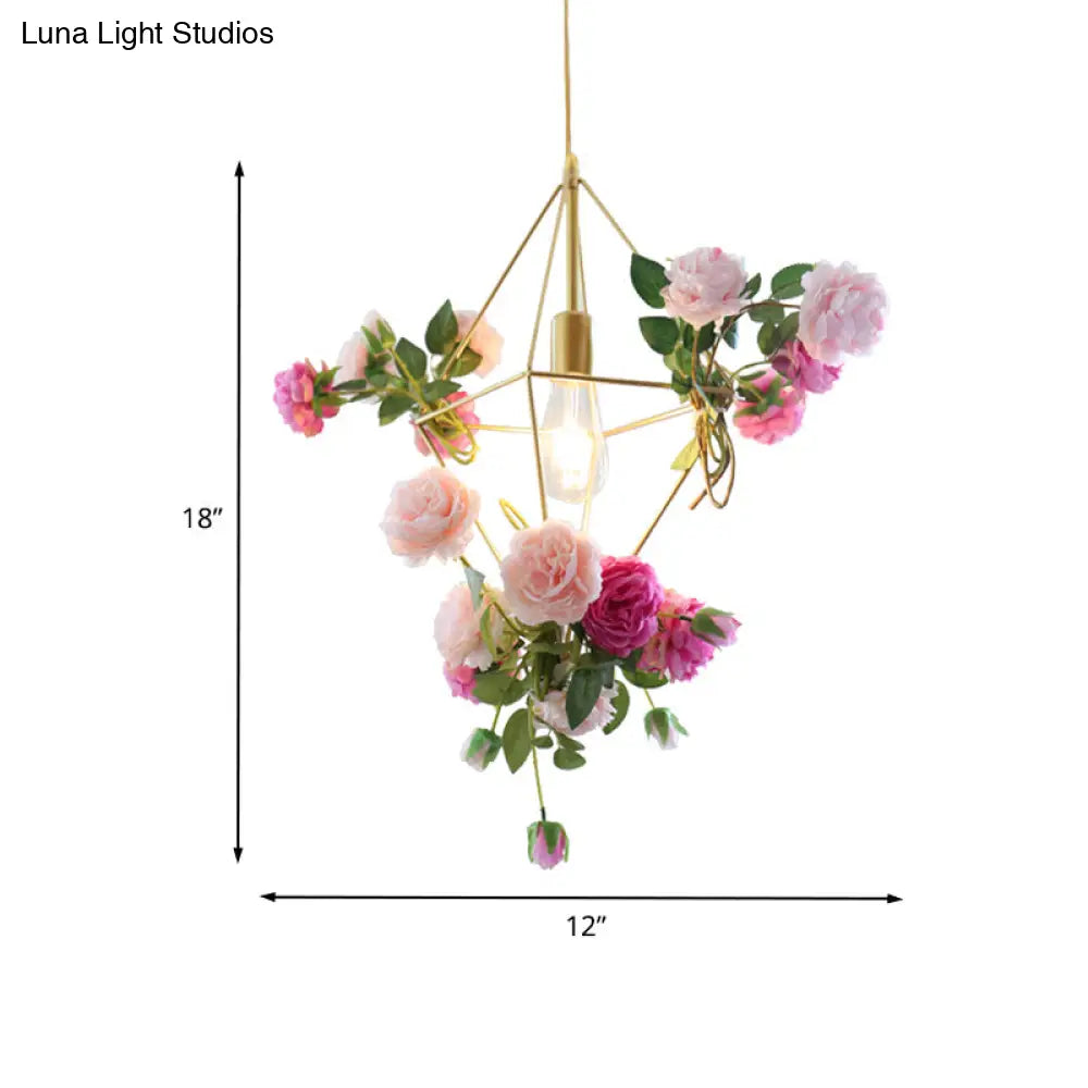 Vintage Diamond Cage Pendant Light Kit - 14’/18’ H 1-Light Metal Hanging Lamp In Gold With Faux