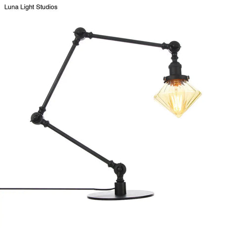 Vintage Diamond Shade Table Lamp: Amber/Clear Glass Adjustable Arm - Black/Brass