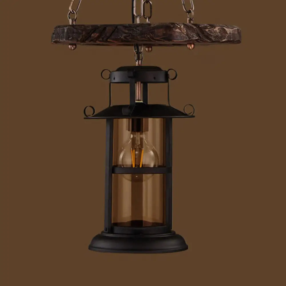 Vintage Distressed Wood Lantern Pendant Light With Clear Glass For Restaurants 1 /