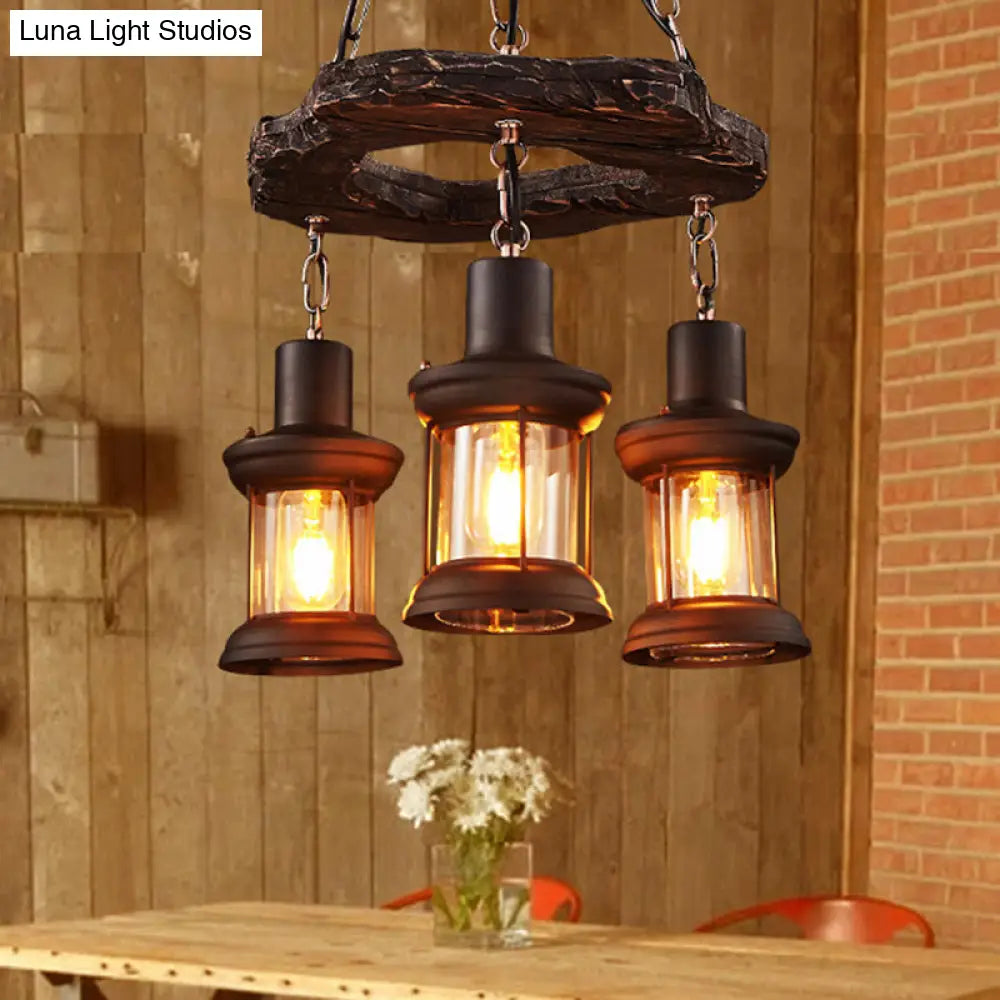 Vintage Distressed Wood Lantern Pendant Light With Clear Glass For Restaurants