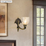 Vintage Dome Brass Wall Sconce With Curved Arm - 1/2-Light Clear Glass Fixture For Study Room