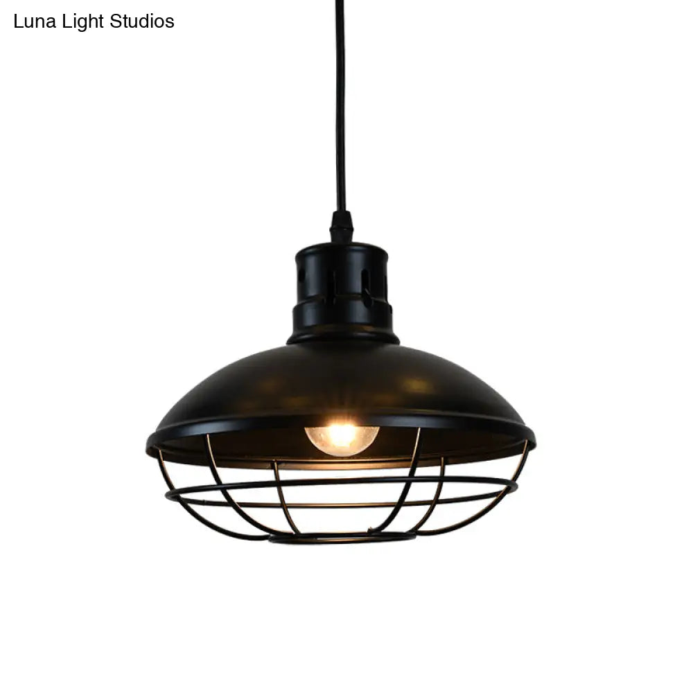 Vintage Dome Caged Metal Pendant Lamp - Kitchen Island Hanging Light Fixture (Black) 1 Bulb Solution