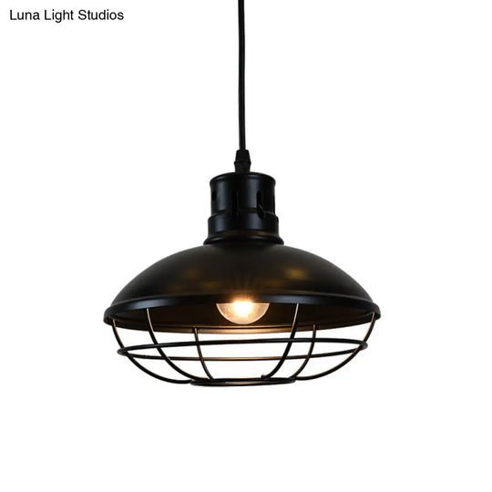 Vintage Dome Caged Metal Pendant Lamp - Kitchen Island Hanging Light Fixture (Black) 1 Bulb Solution