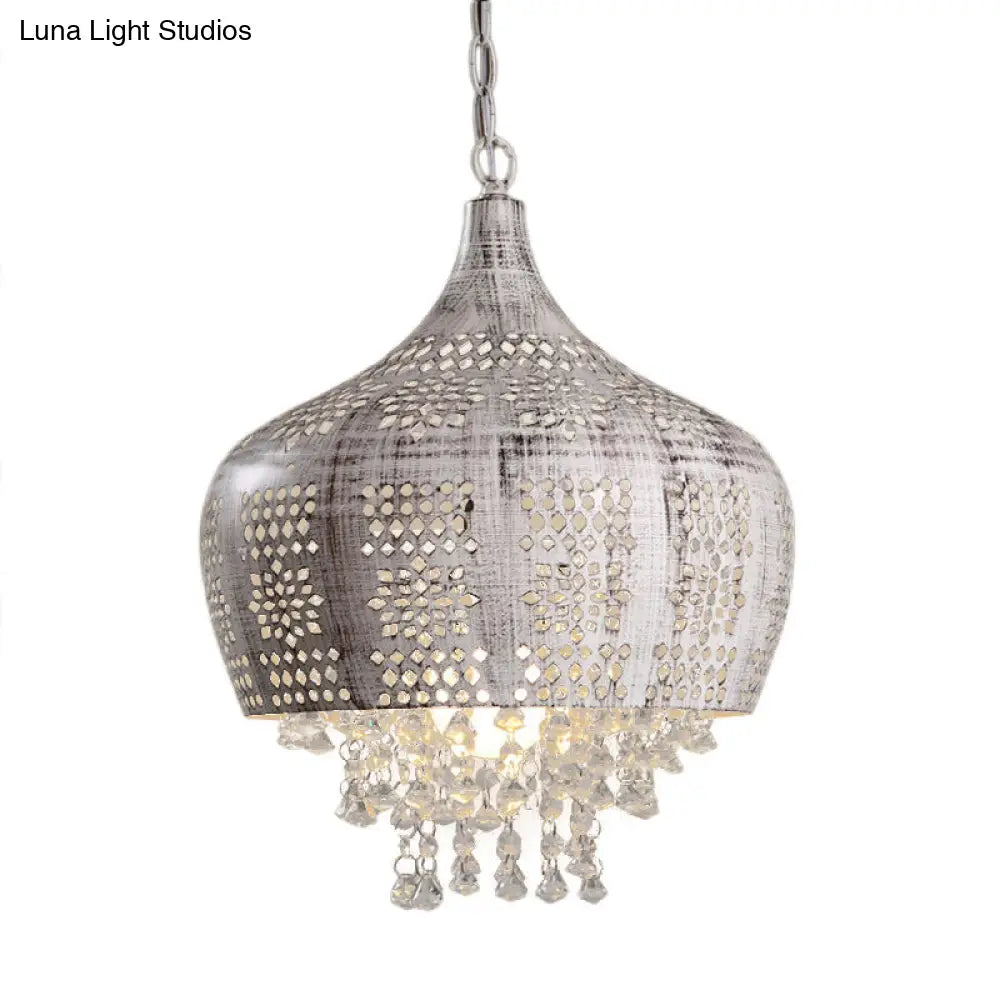 Distressed White Vintage Dome Ceiling Pendant With Crystal Deco Wrought Iron And Pierced Design
