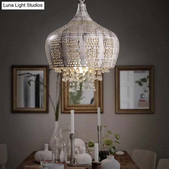 Distressed White Vintage Dome Ceiling Pendant With Crystal Deco Wrought Iron And Pierced Design