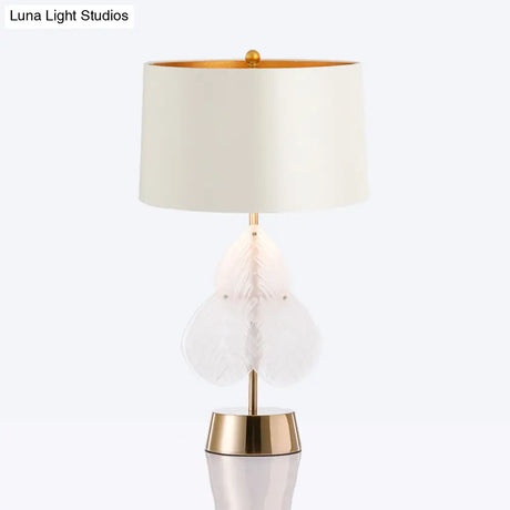 Vintage Drum Glass Table Lamp - White/Gold Finish With Crystal Leaf Decoration 1-Light Bedside