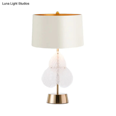 Vintage Drum Glass Table Lamp - White/Gold Finish With Crystal Leaf Decoration 1-Light Bedside